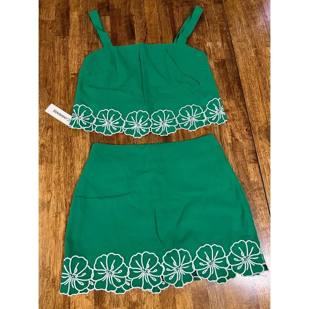 Commense XS Cotton Floral Embroidered Crop Top Mini Skirt Two Piece Set Green